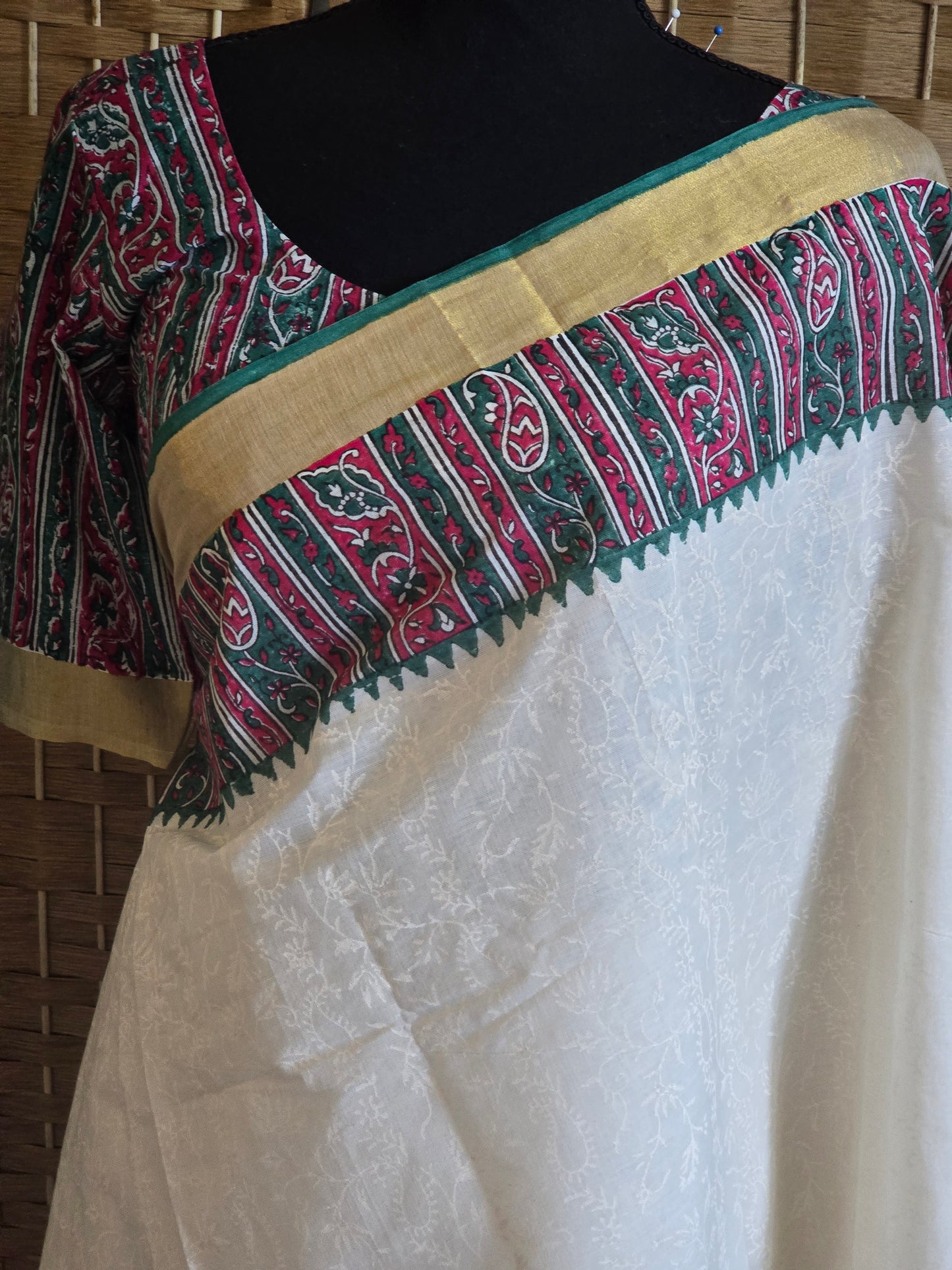 Premium cotton kerala saree (dark green) with floral block print design-stitched blouse