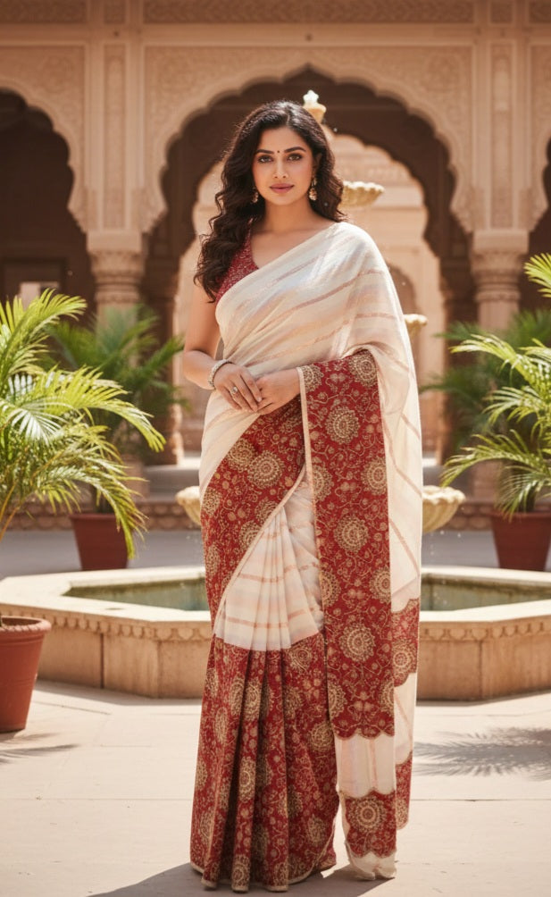 Premium cotton saree with ajrkah patch work- No BP