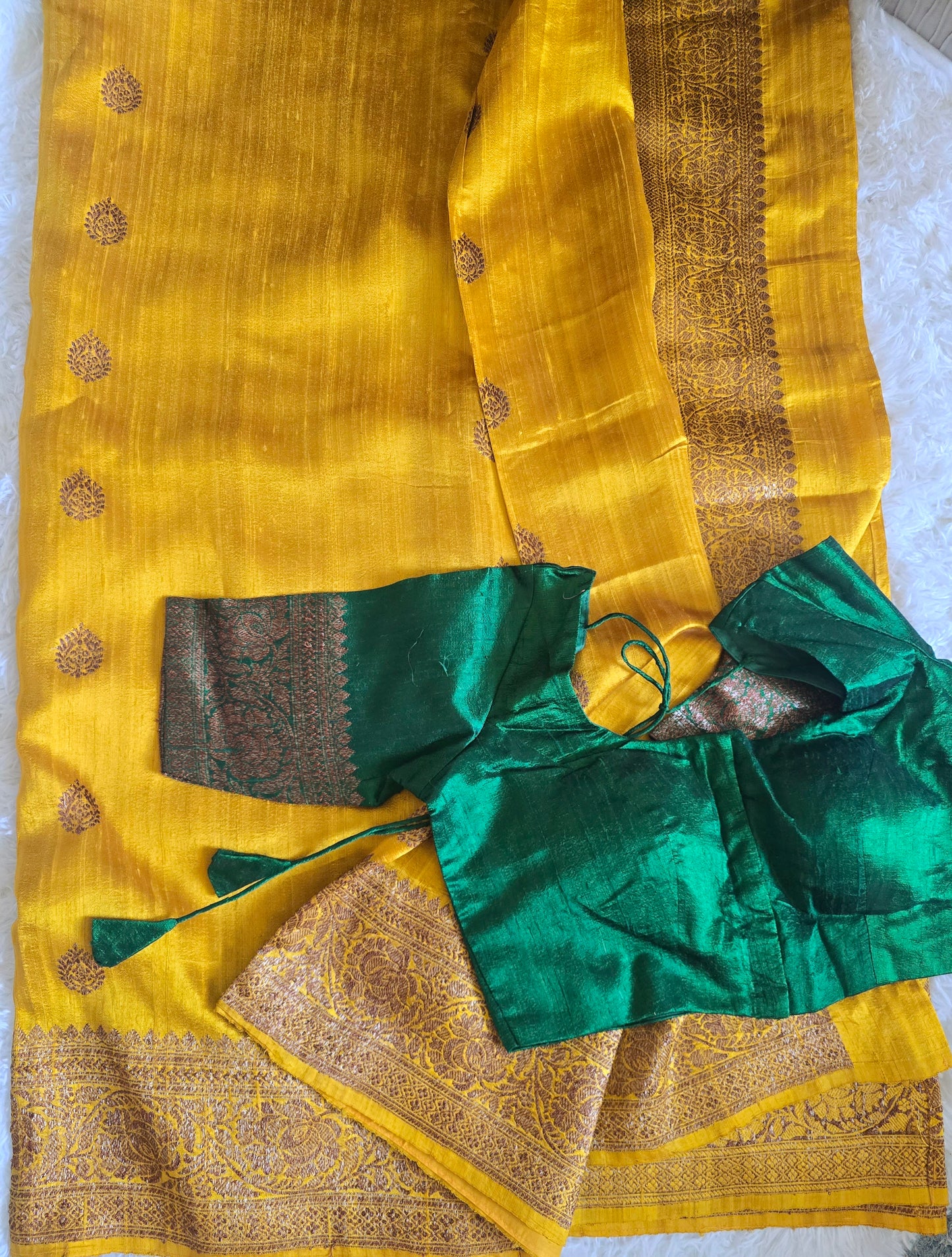 Mango yellow pure banarasi raw silk saree with green contrast blouse