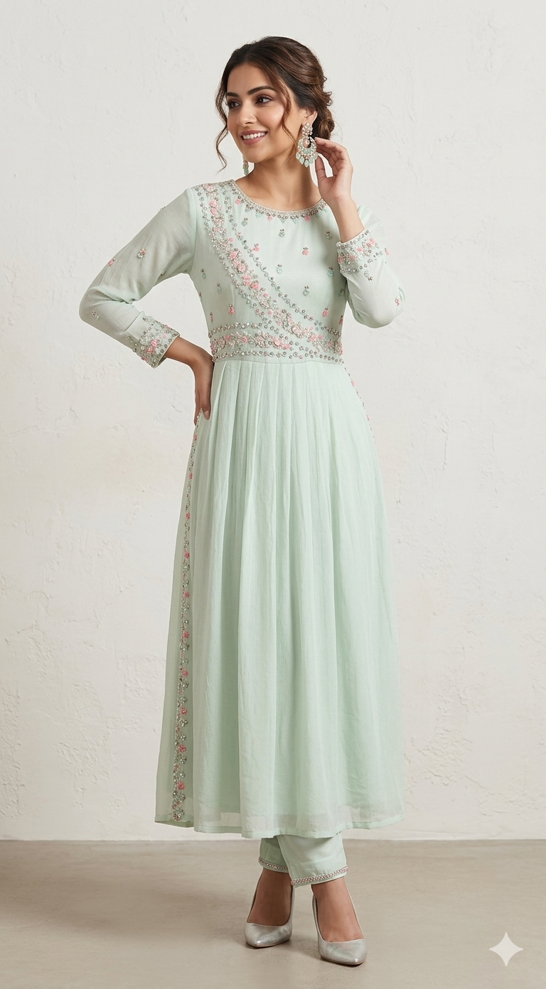 Party wear 2 pc kurti style set with full hand work (kurti and pant and dupatta