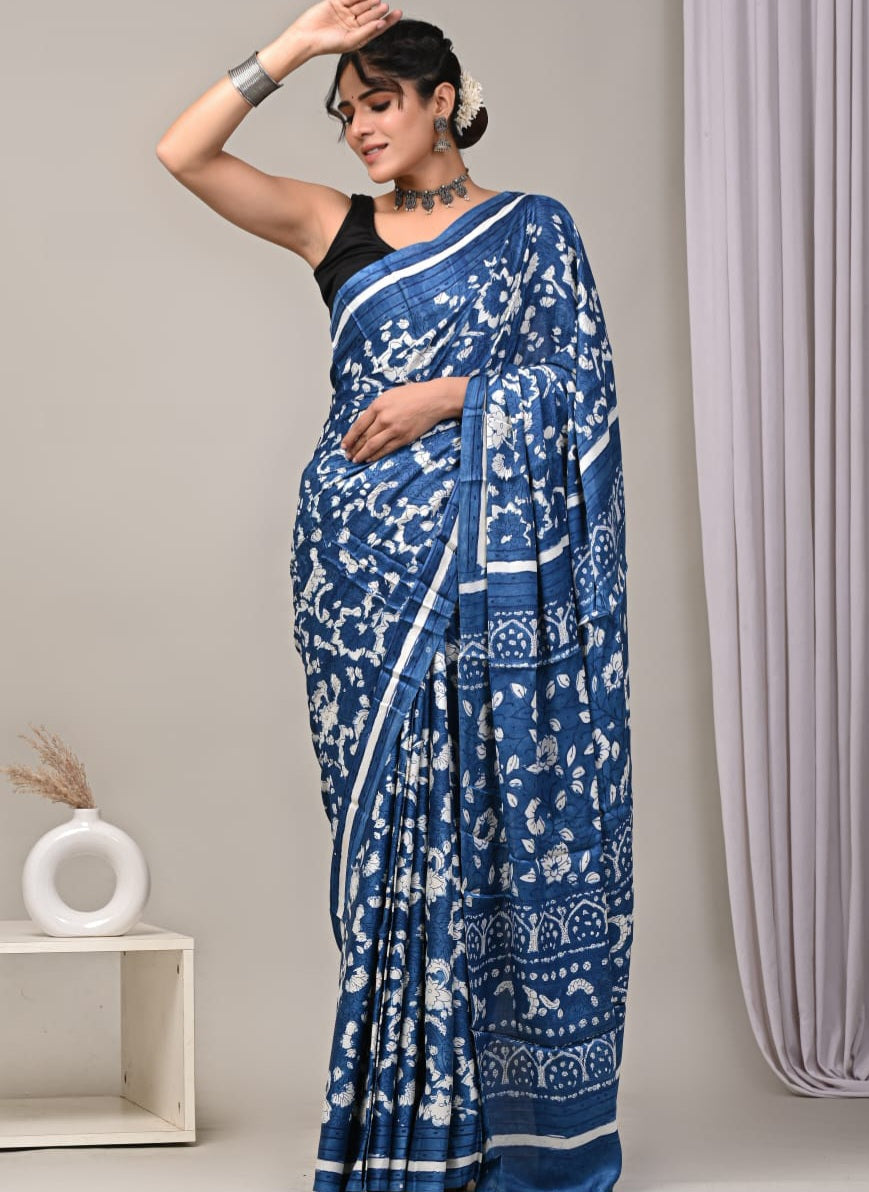 Modal silk on Indigo- with natural dye handblock Ajrakh vanaspati print Saree with stitched blouse
