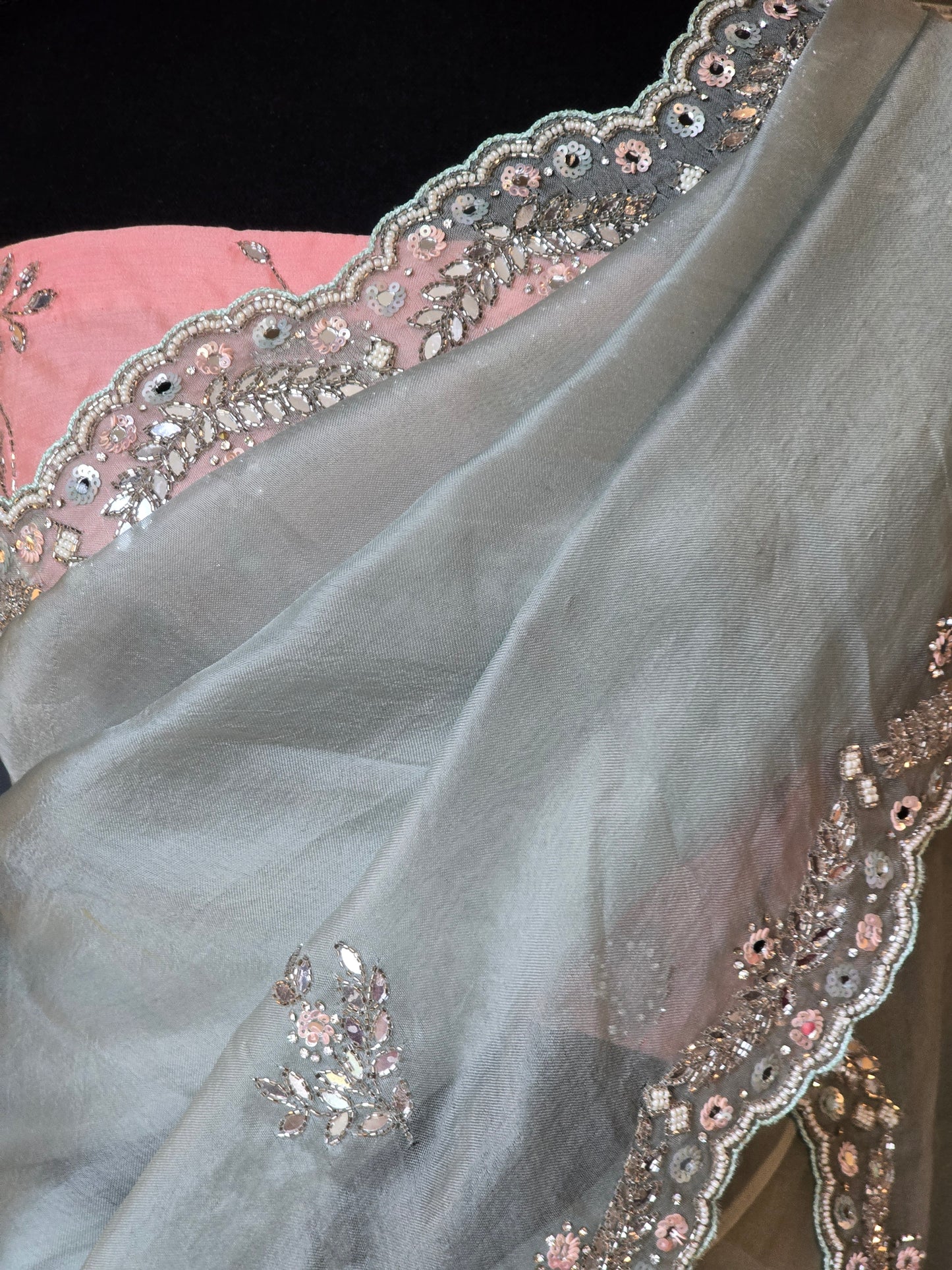 Pure organza silk saree with beads and stone work-stitched ( contrast) blouse