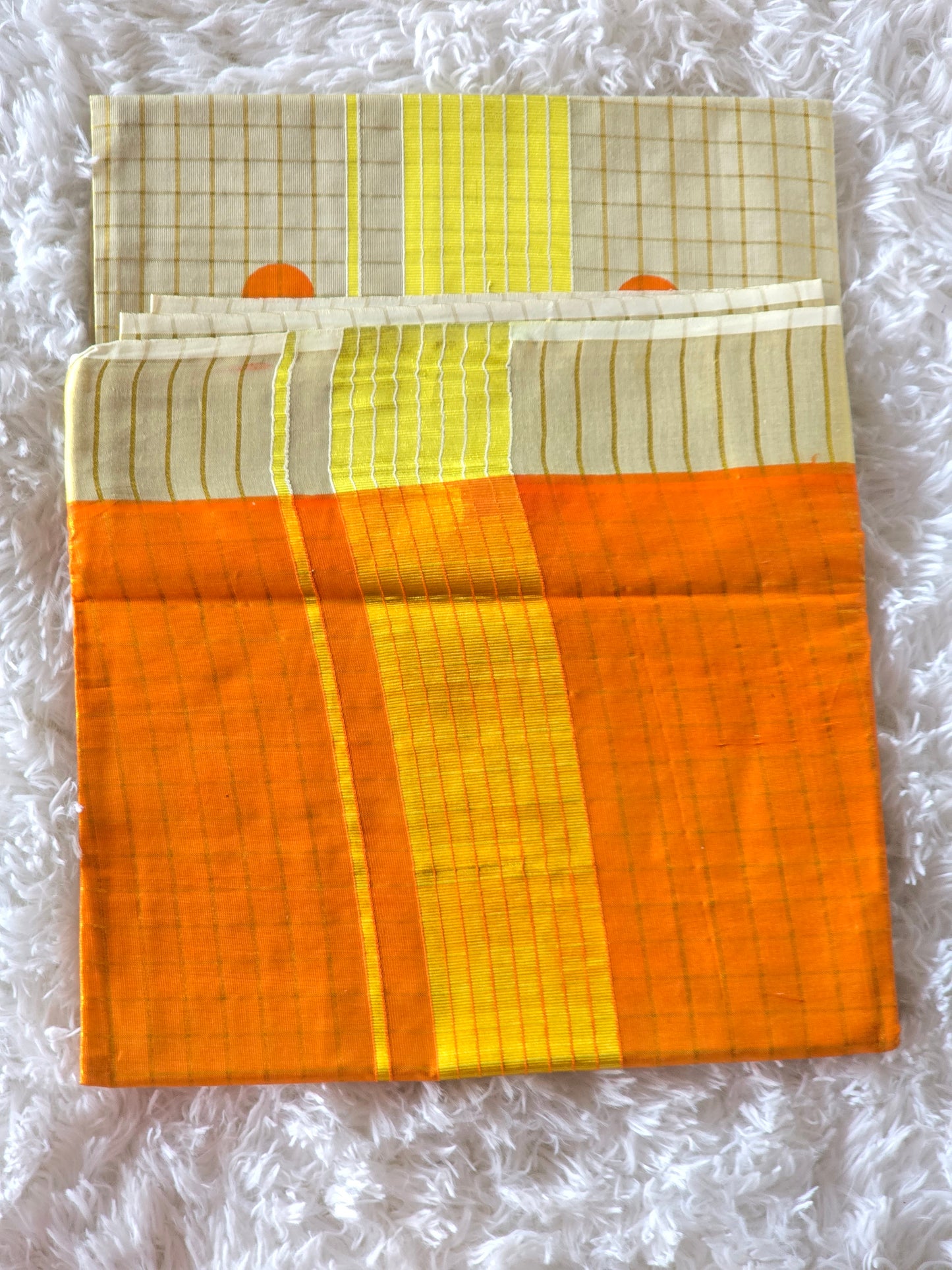 Tissue set saree check design- duel tone with orange polka dots