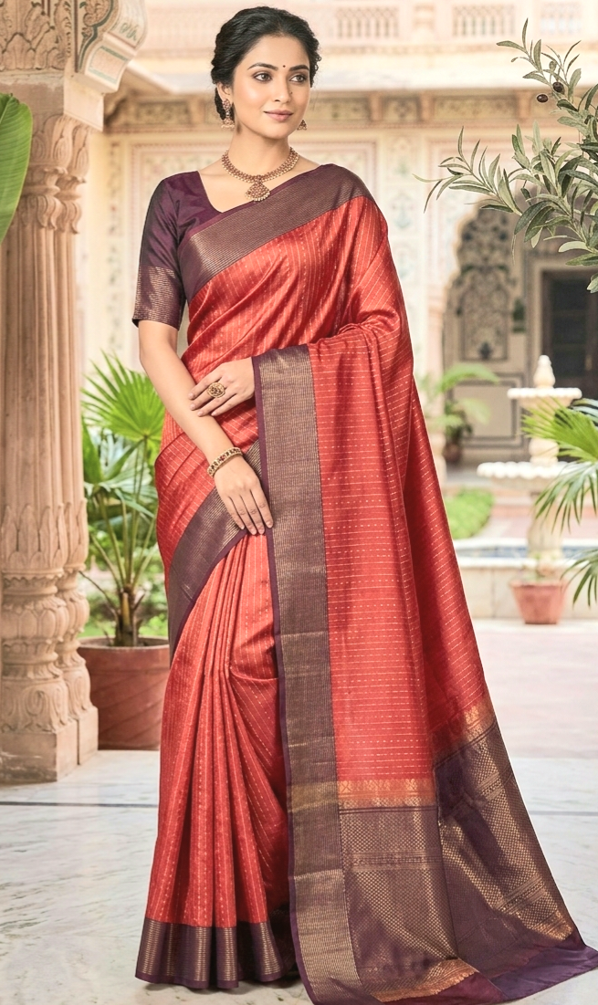 Soft silk kancheepuram (burnt orange / brown) with stitched blouse
