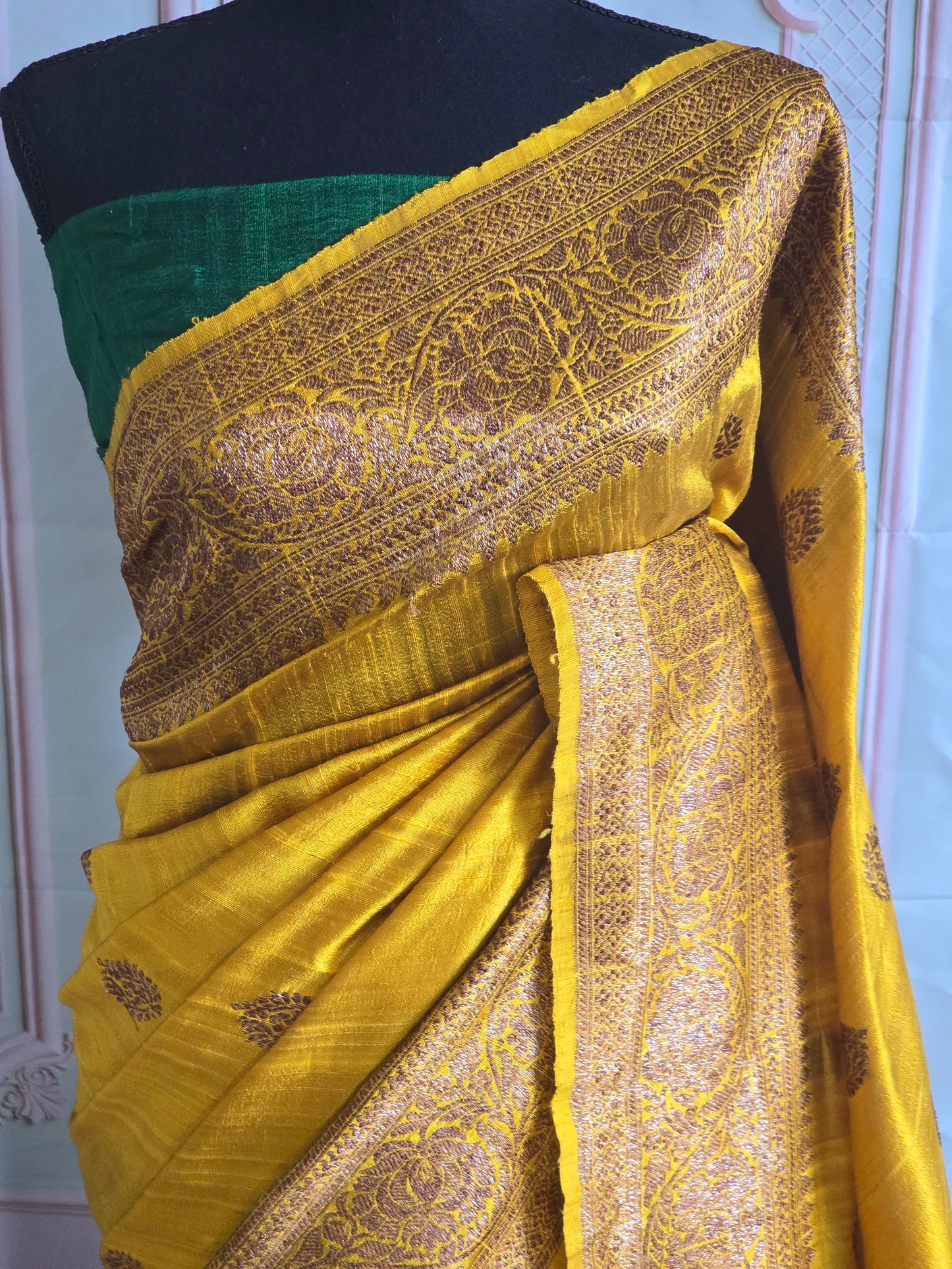 Mango yellow pure banarasi raw silk saree with green contrast blouse