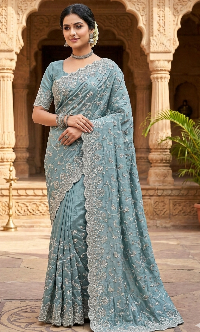 Semi silk designer saree ( dusty blue) with thread work- sleevless blouse