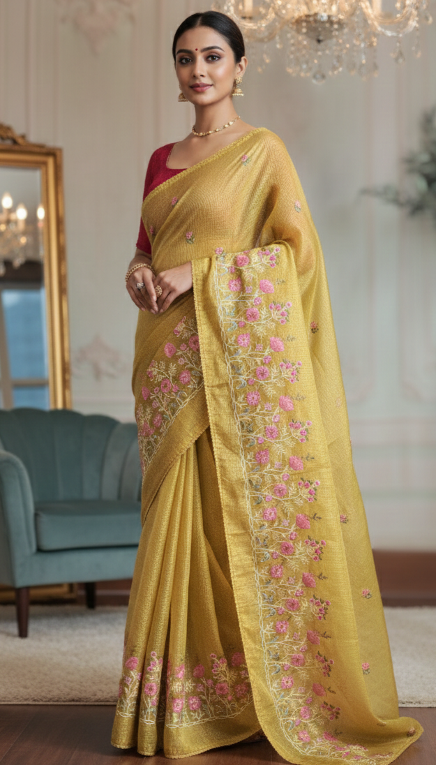 Kotta cotton saree with thread work- Stitched blouse