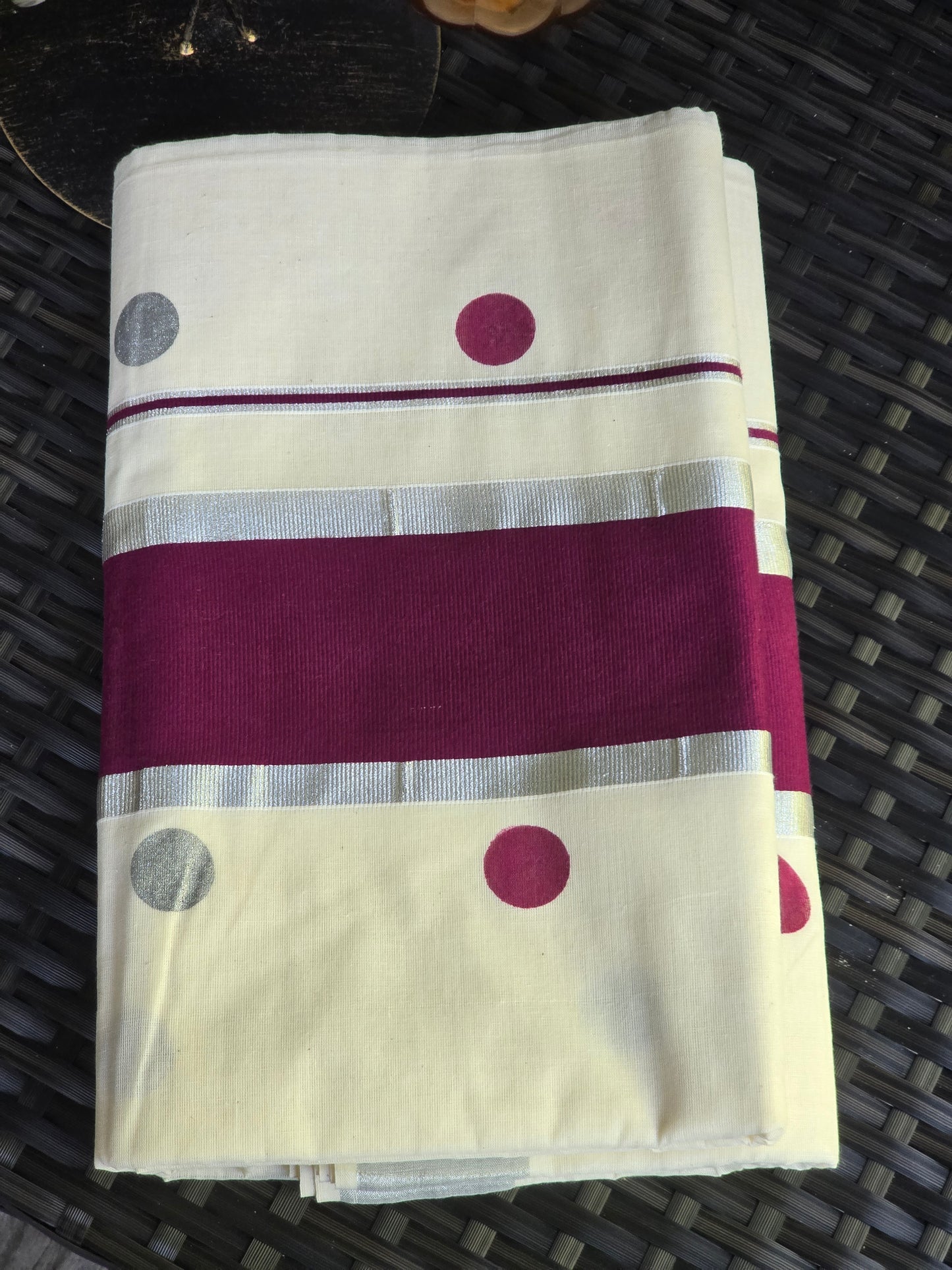 Cotton set saree with purple silver polka dots