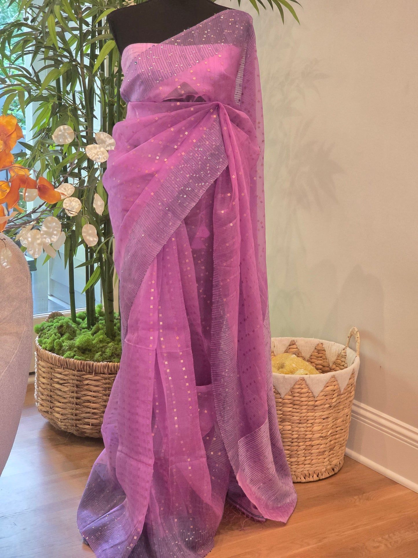 Pure muslin silk saree (Light lilac) with sequins- stitched blouse