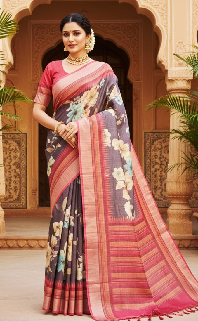 Semi tussar saree with digital floral print- stitched blouse