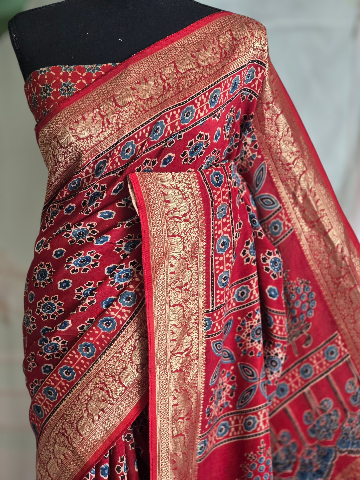 Dola silk saree with handblock print - stitched blouse