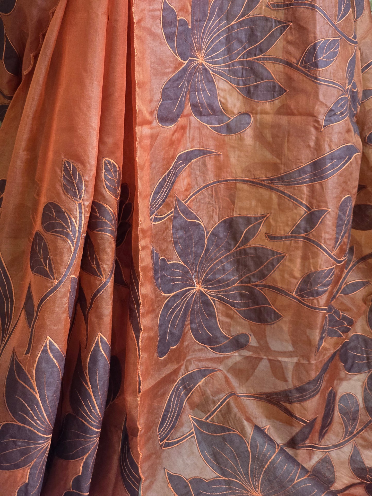 Turquish organza saree ( burnt orange) with applique work- stitched blouse