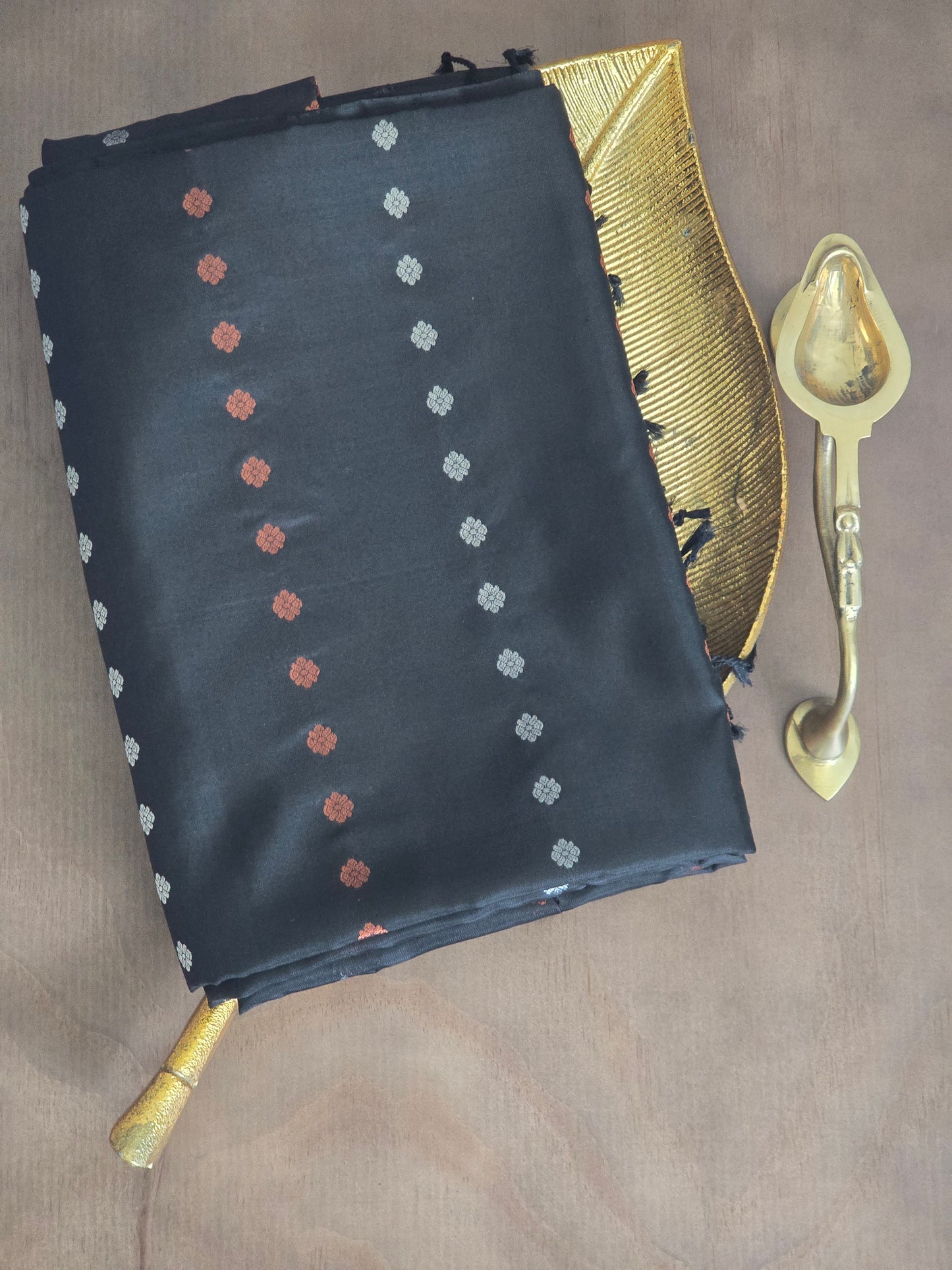 Kancheepuram soft silk saree with copper-silver combo