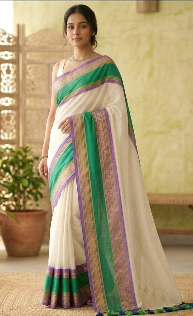 Mul cotton saree with green lavender kanchee border