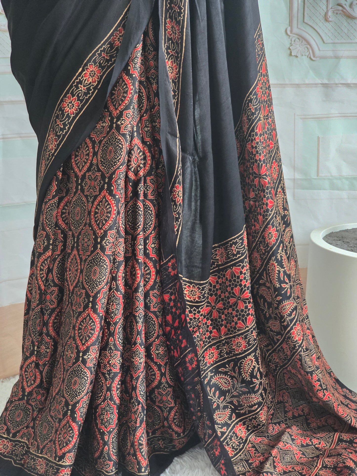 Modal silk saree with ajrakh print ( pleats and pallu)- Stitched blouse