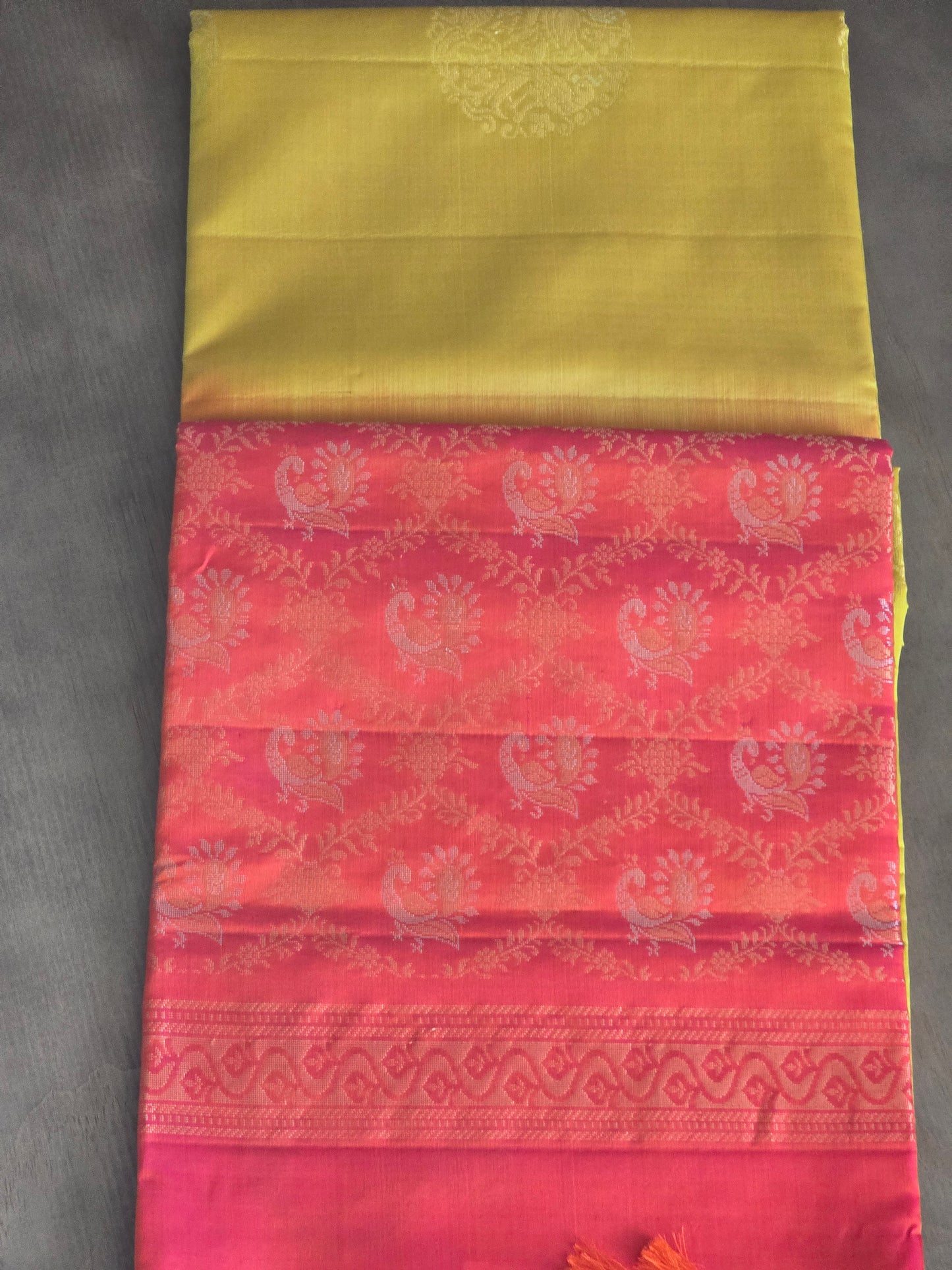 Kancheepuram soft silk saree with yellow- orange combo
