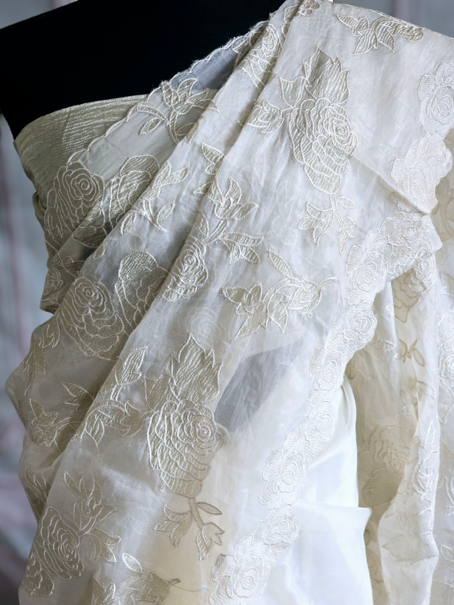 Soft organza saree(off white) with applique work- stitched blouse