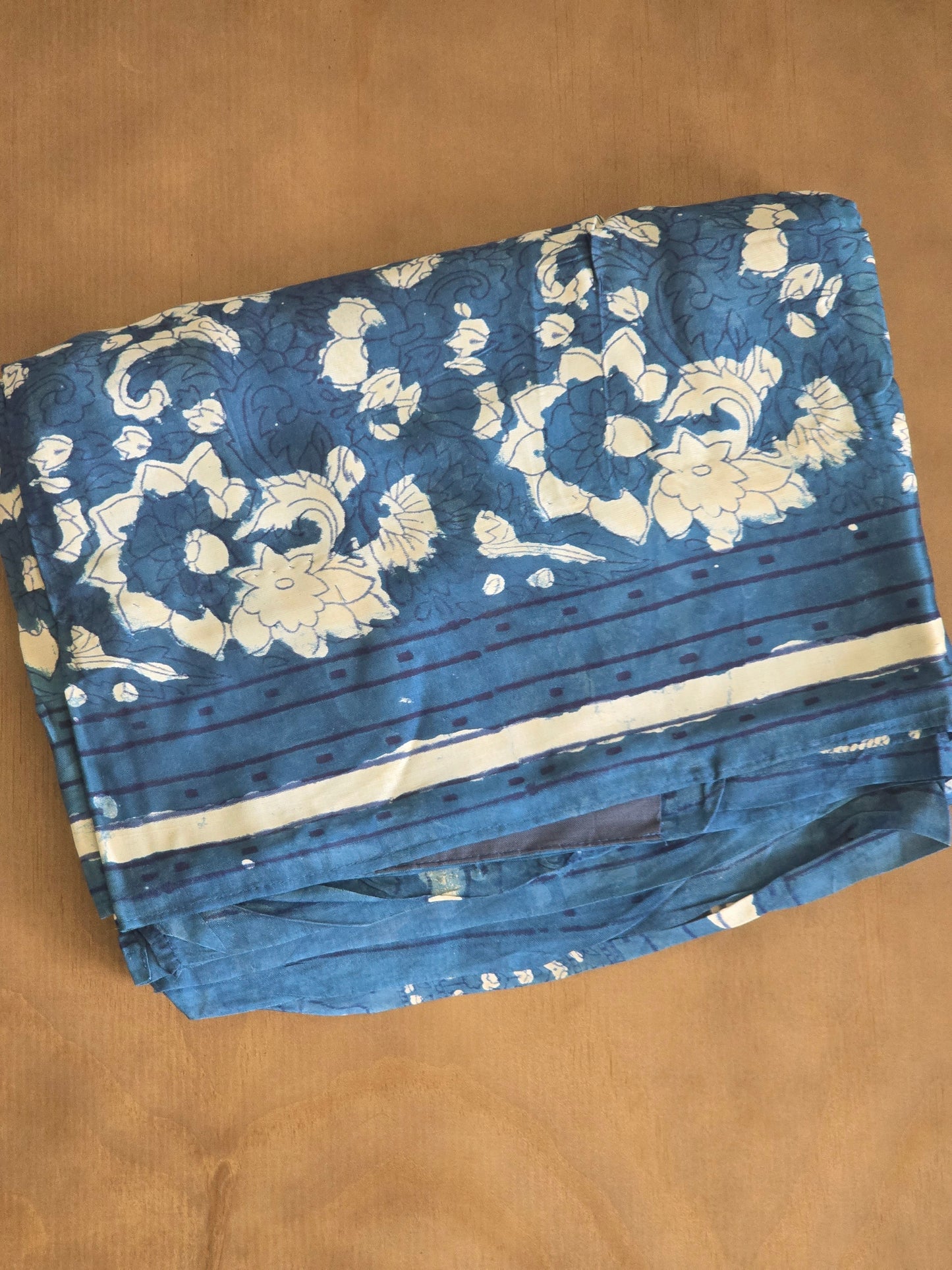 Modal silk on Indigo- with natural dye handblock Ajrakh vanaspati print Saree with stitched blouse