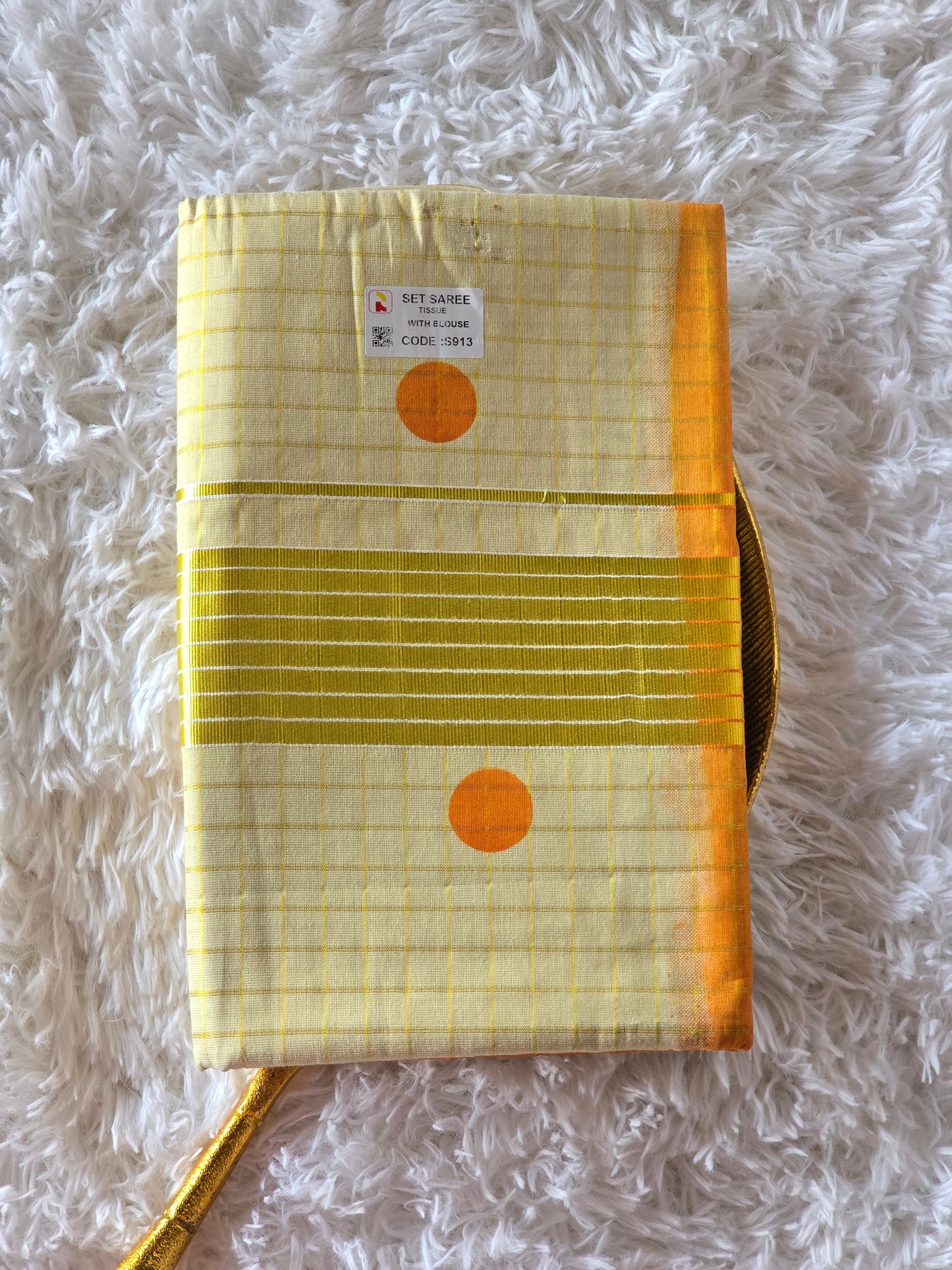 Tissue set saree check design- duel tone with orange polka dots