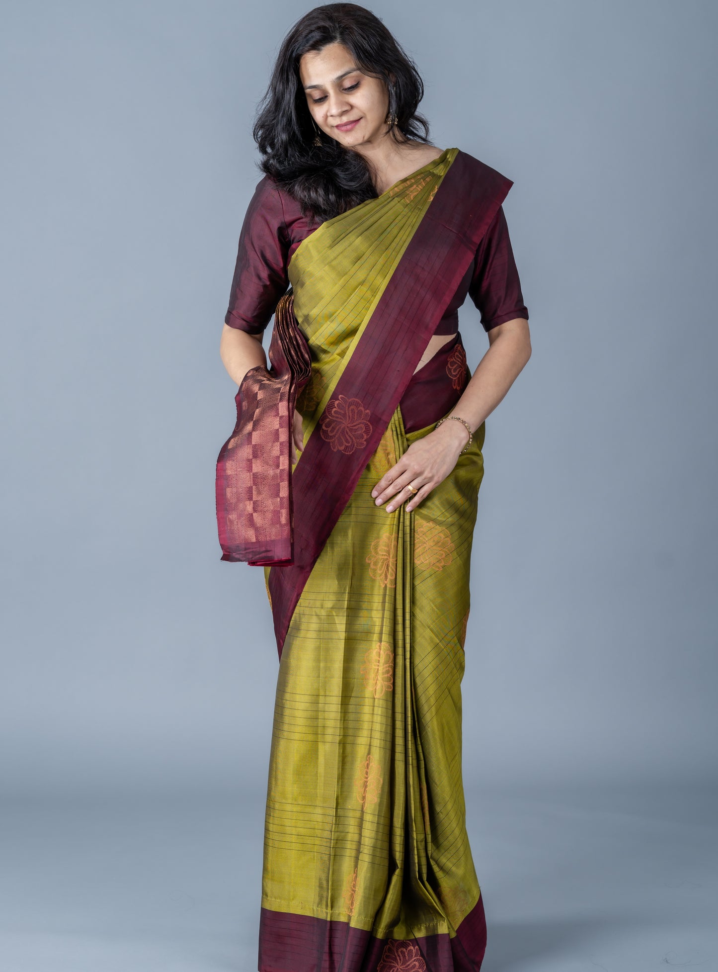 Kancheepuram soft silk saree (green/dark maroon combo) with stitched blouse