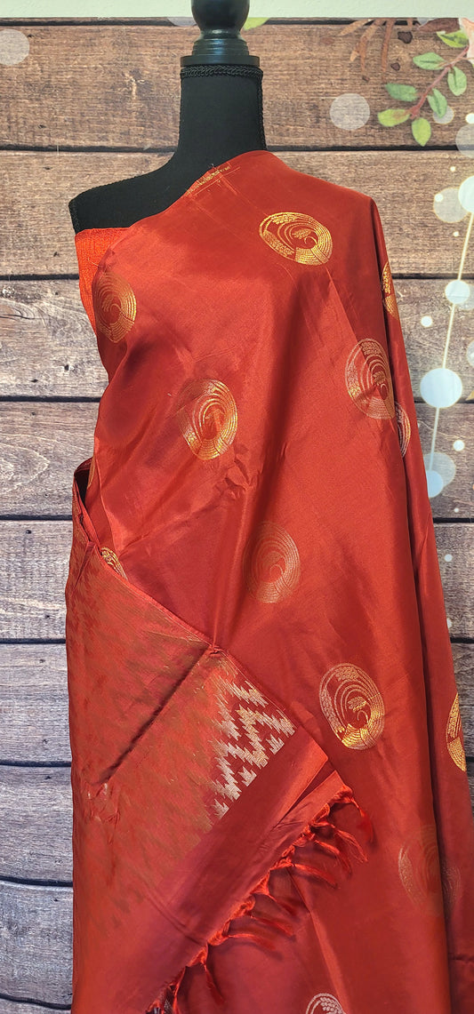 Red soft silk saree with stitched blouse