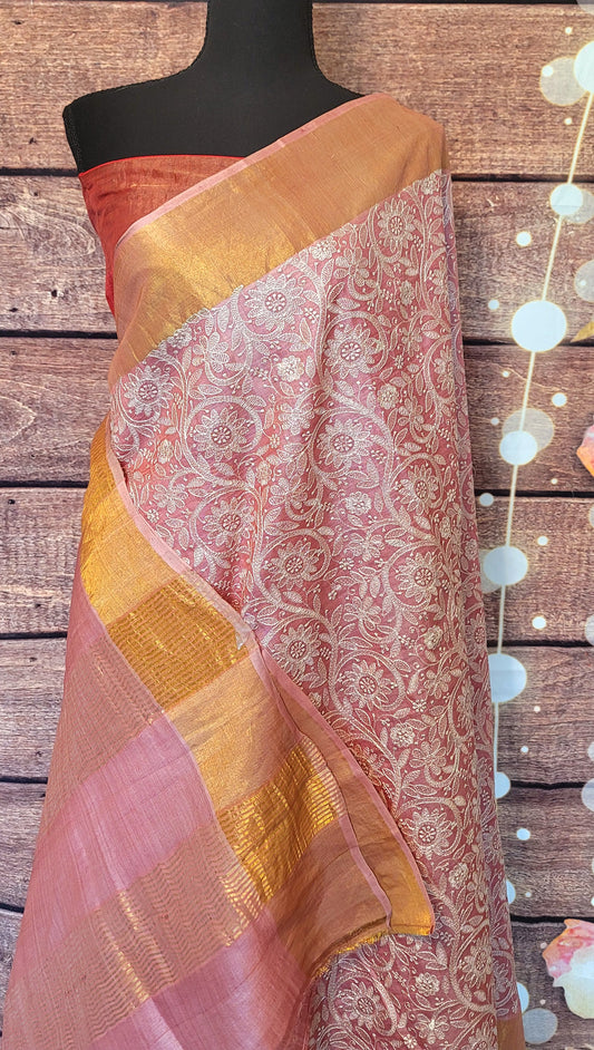 Pure tussar Saree with chikankari work-Stitched blouse