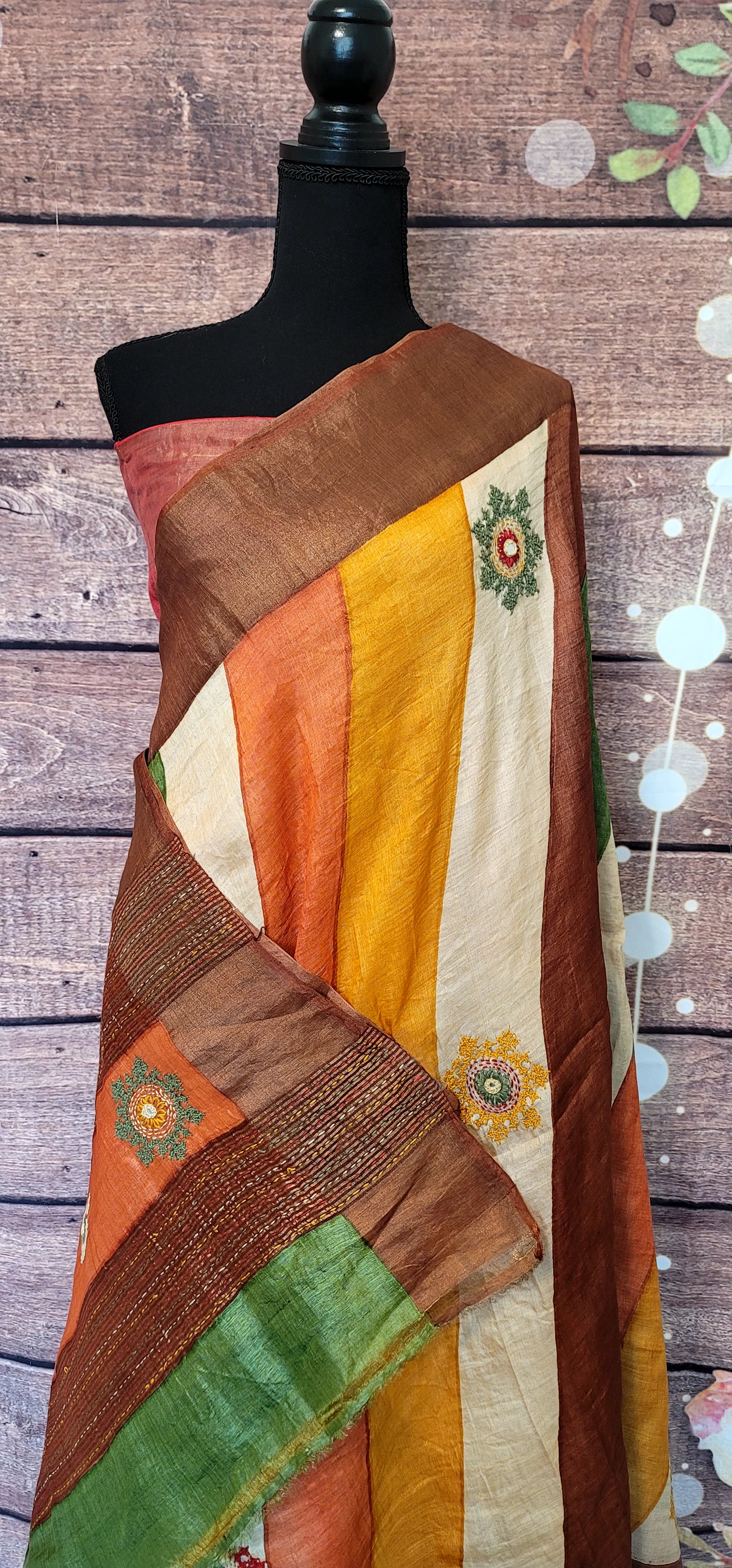 Pure tussar Silk Saree with Kantha work-Stiched Blouse