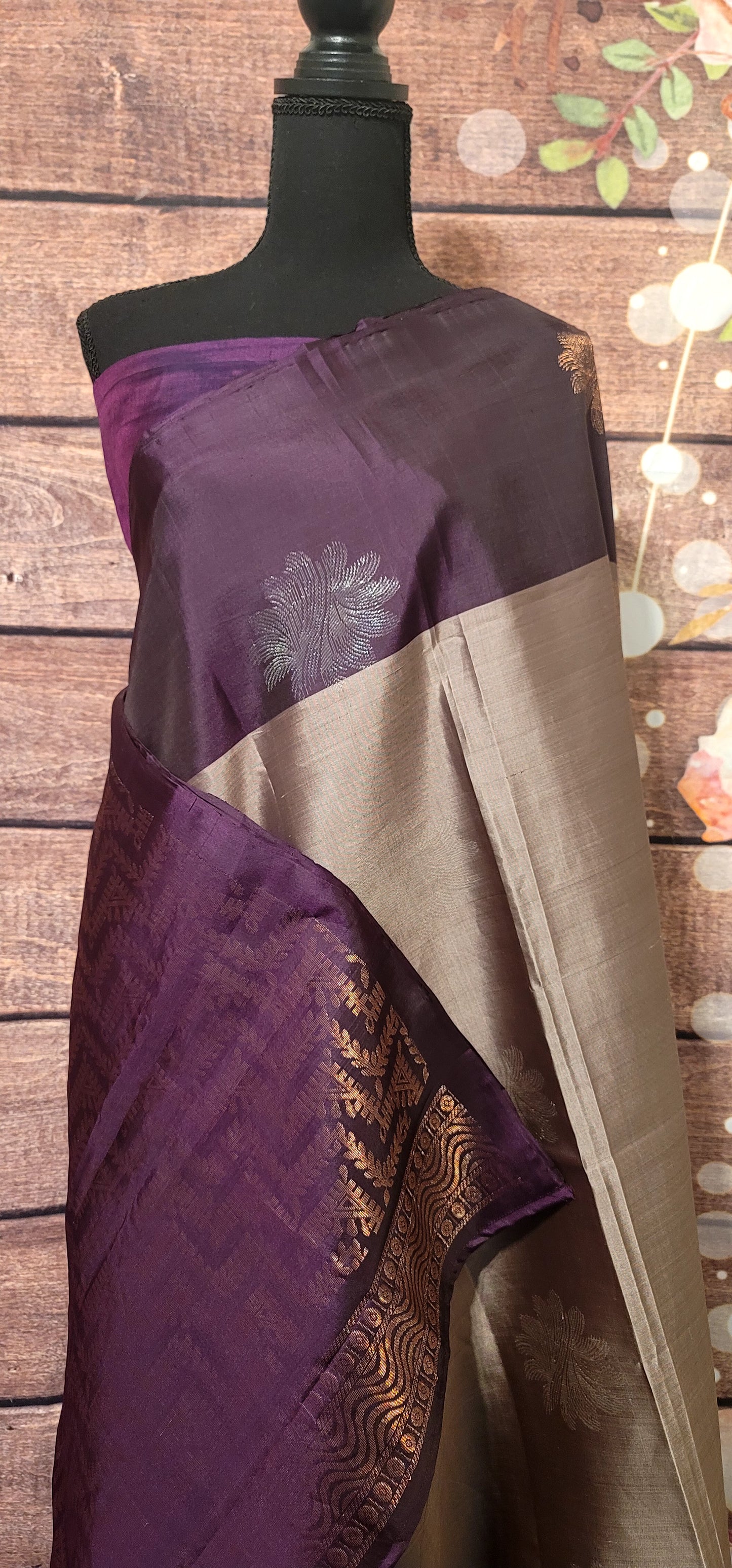 Gery Soft Silk kancheepuram Saree with purple border-Stitched blouse