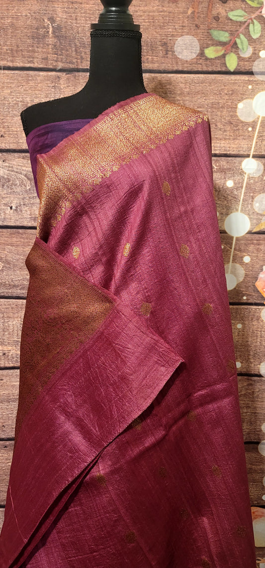 Pink tussar silk saree with stitched blouse