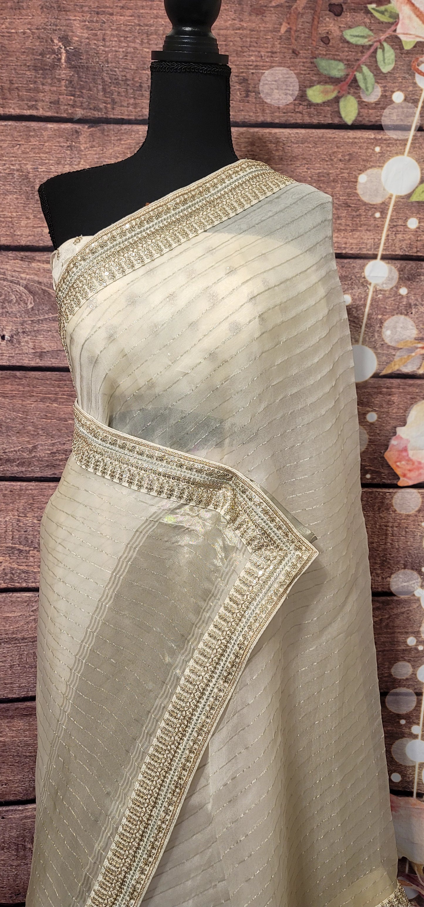 Off White Organza Designer saree with Stiched blouse