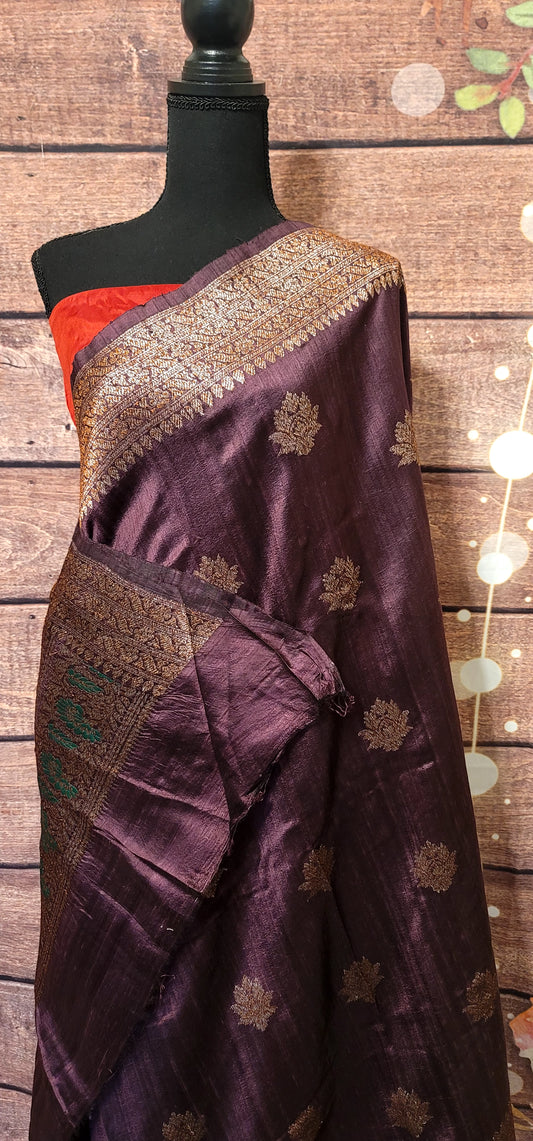 Pure dupion silk saree banarasi antique border with stitched blouse