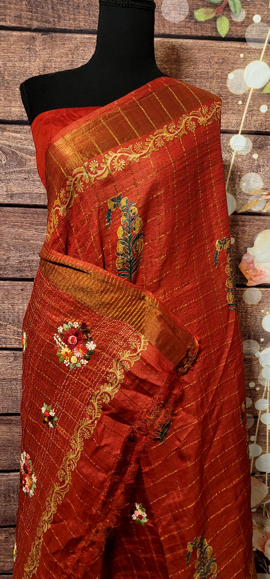 Red tussar Silk saree with kantha work -stitched blouse available