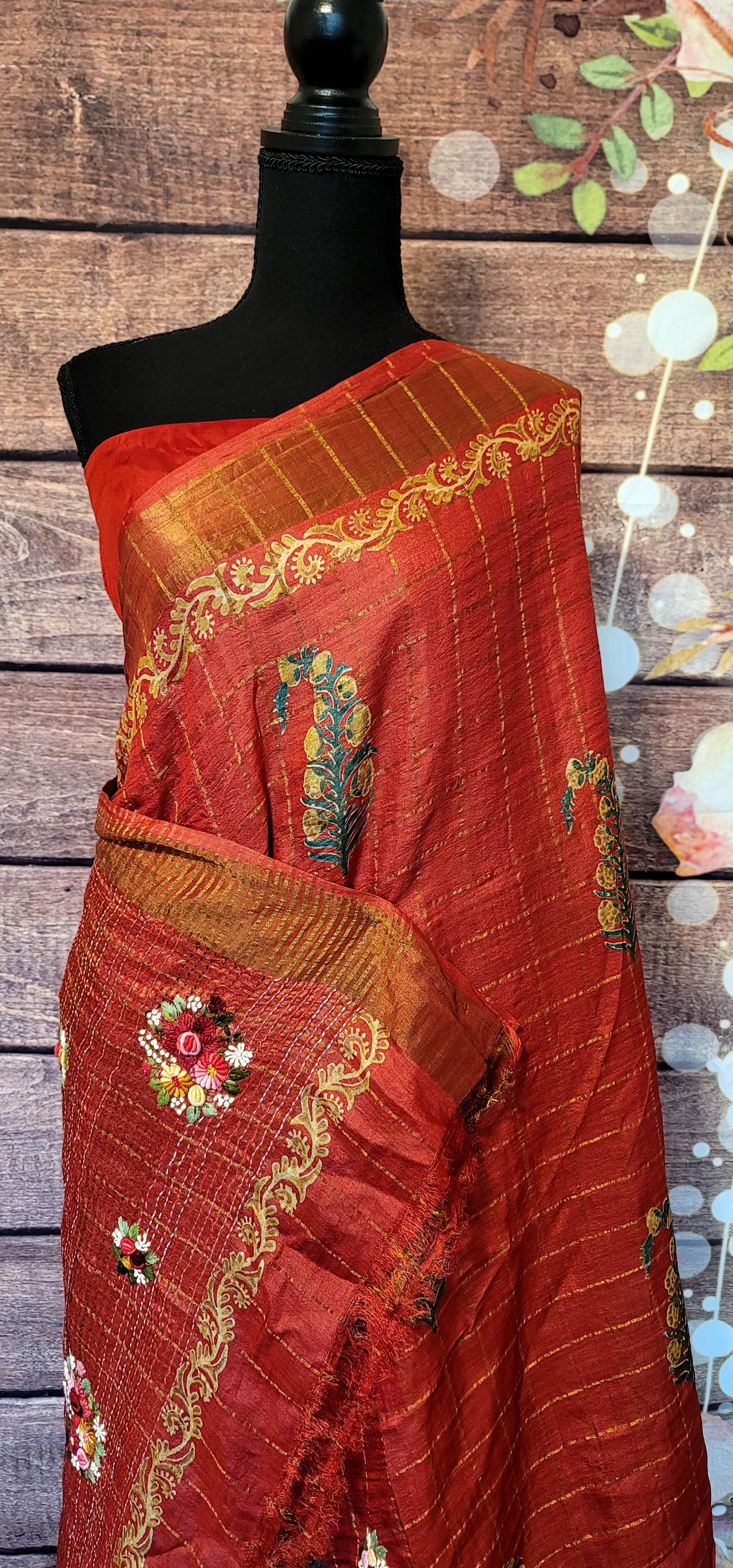 Red tussar Silk saree with kantha work -stitched blouse available