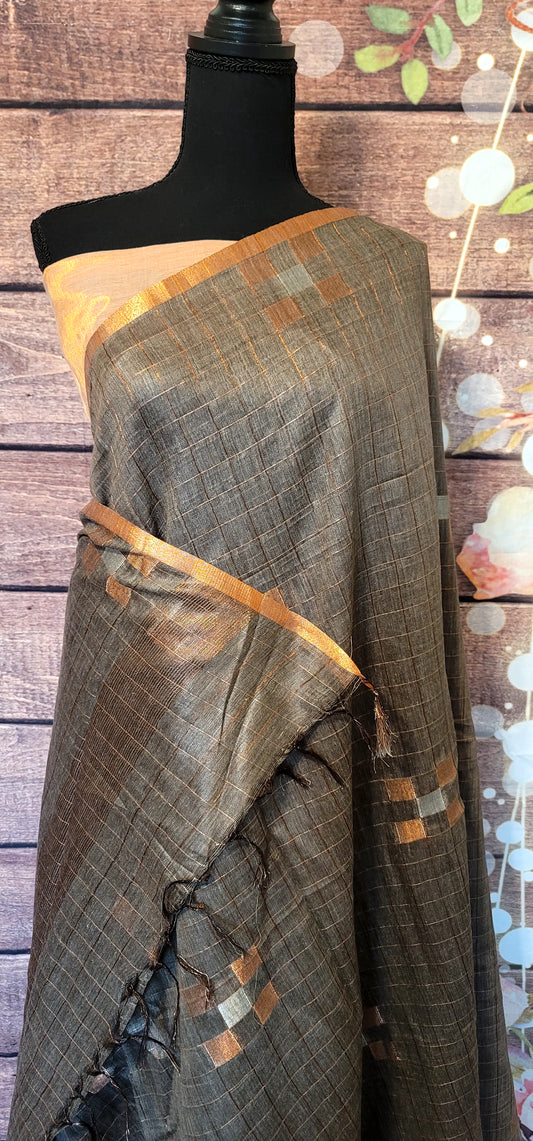 Grey chanderi cotton saree with copper border-Stitched Blouse