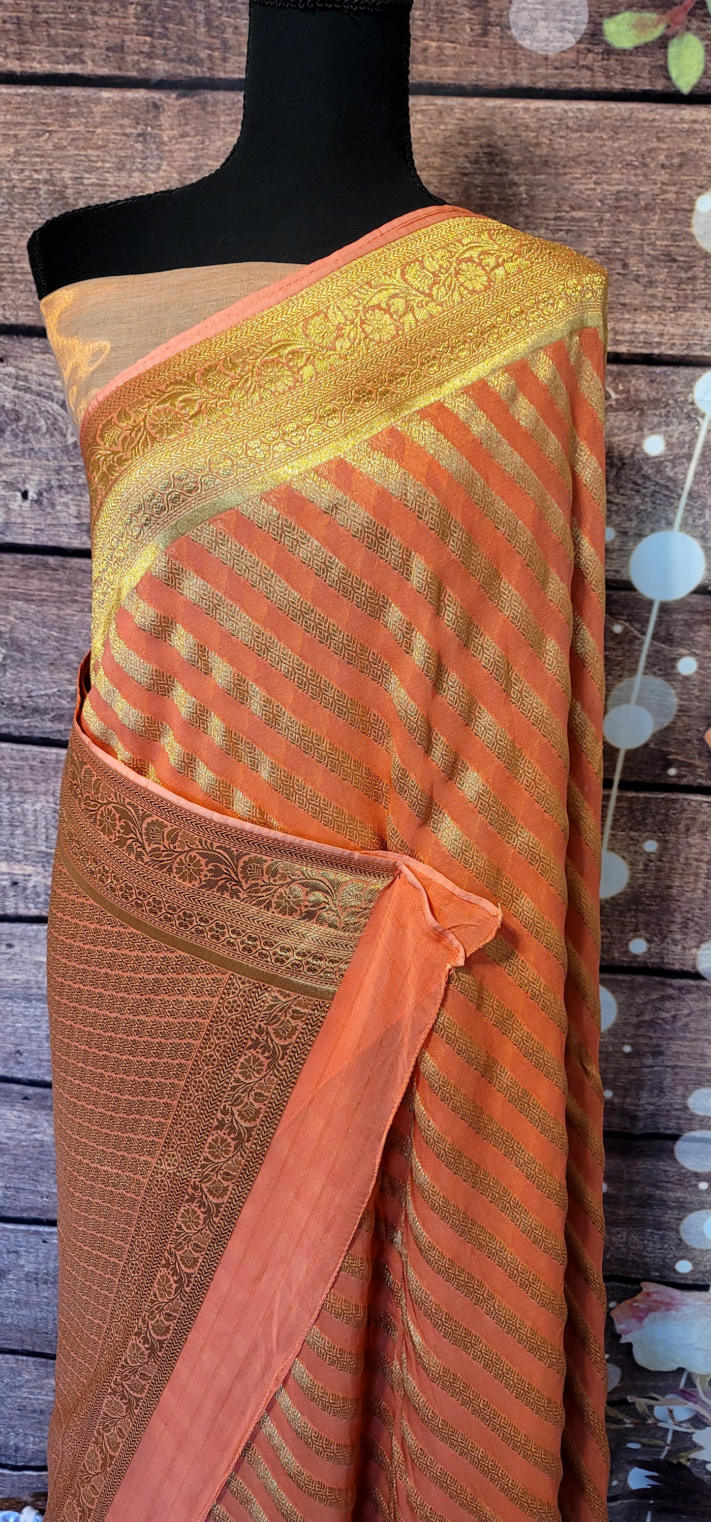 Peach khadi georgette saree with Stripes on body-Stitched blouse