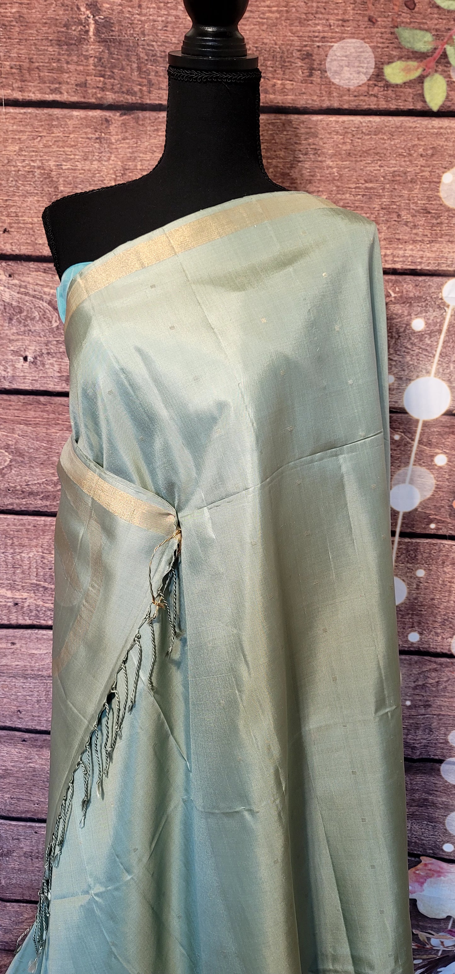 Pastel green silk kancheepuram silk with stitched blouse