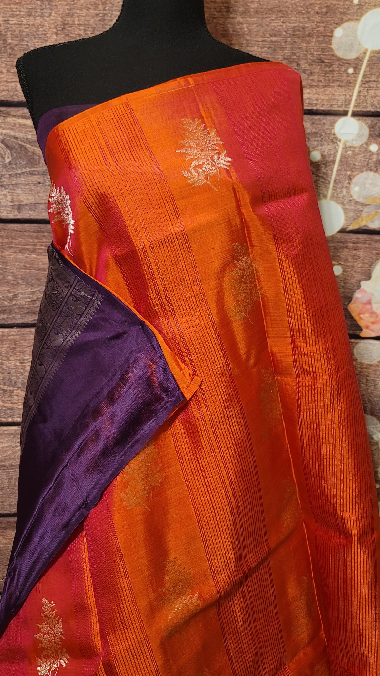 Kacheepuram silk saree with purple border and stitched blouse