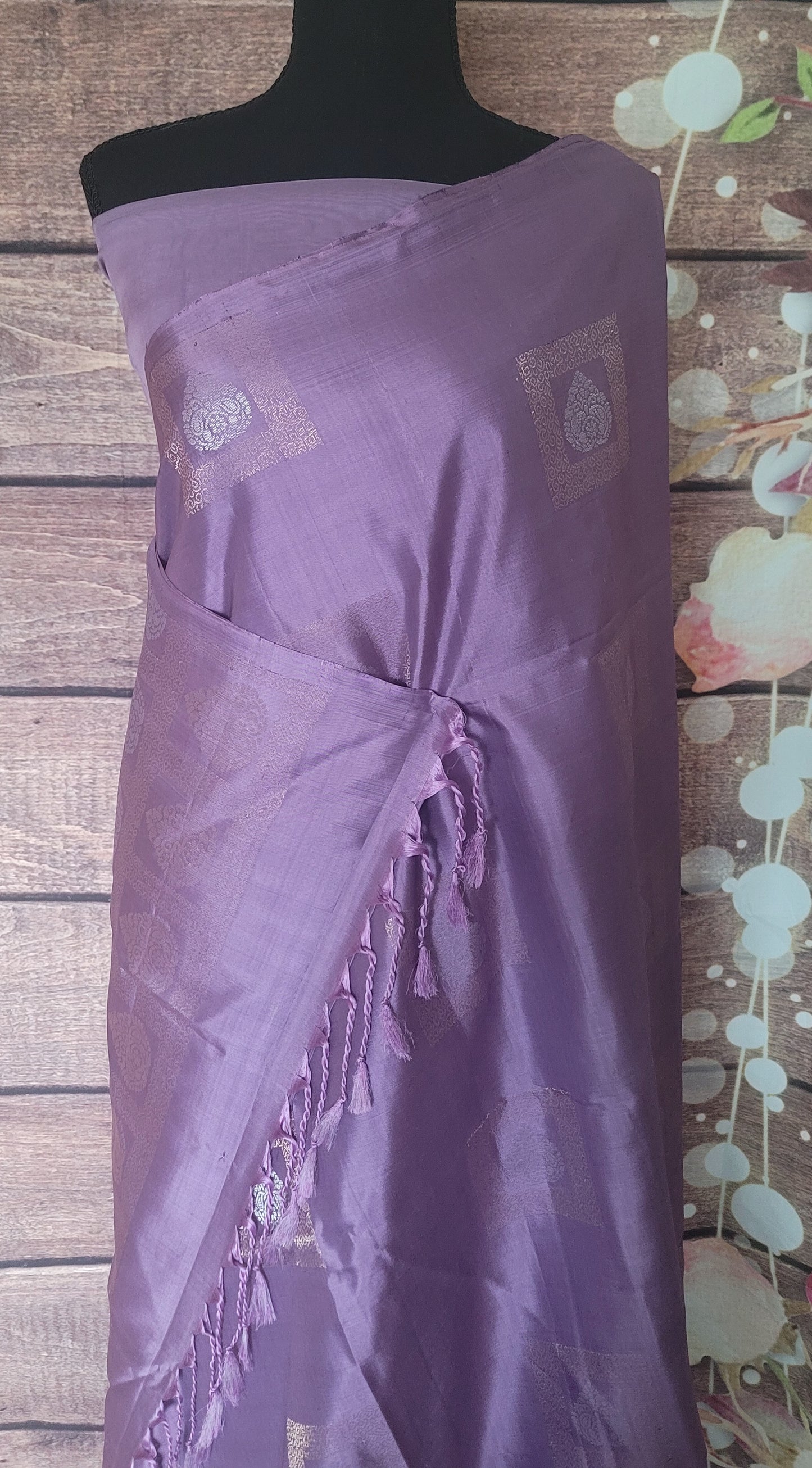 Lavender soft silk saree with self design- stitched blouse