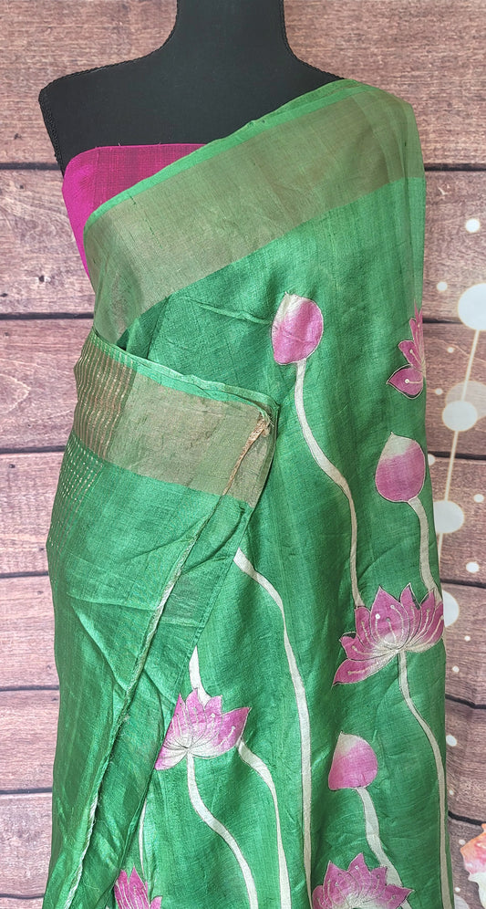 Pure tussar Silk Saree with pink floral design -Stiched Blouse