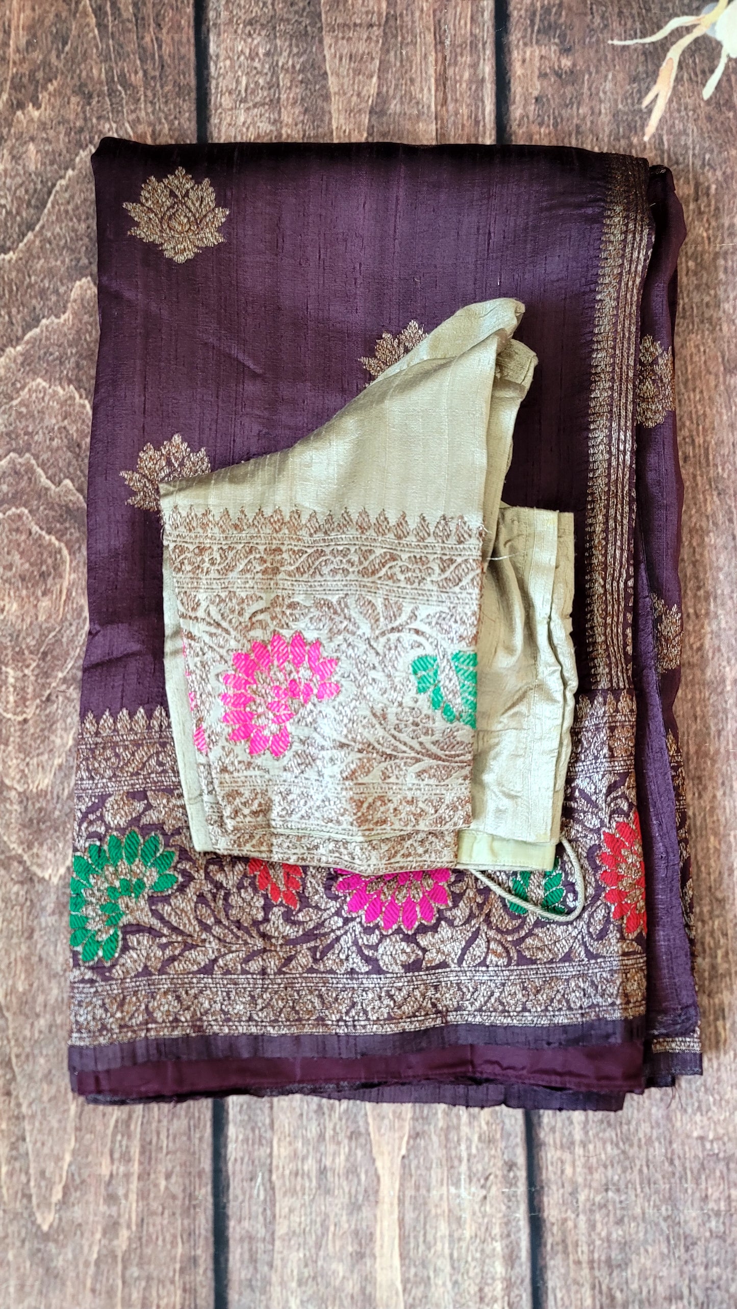 Pure dupion silk saree banarasi antique border with stitched blouse