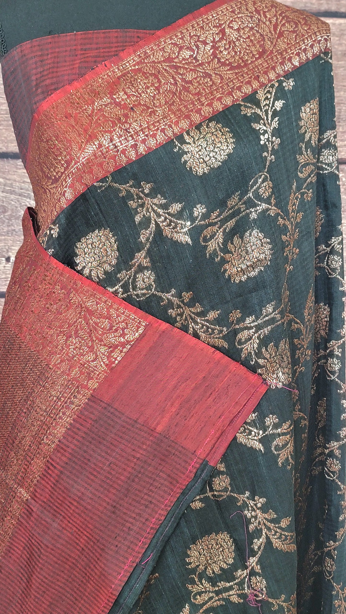 Black n maroon banarasi silk saree with antique border- stitched blouse