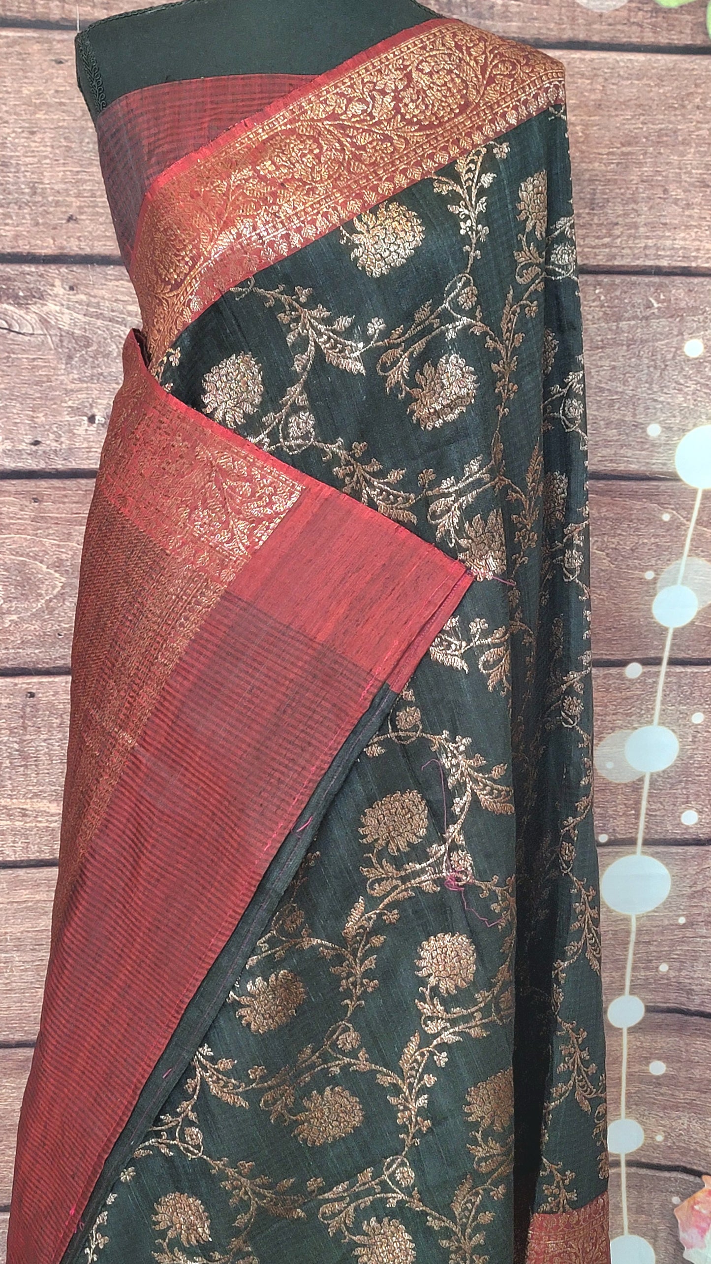 Black n maroon banarasi silk saree with antique border- stitched blouse