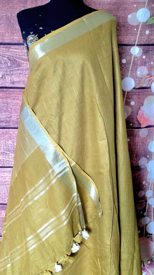 Cotton linen saree with contrast stitched blouse