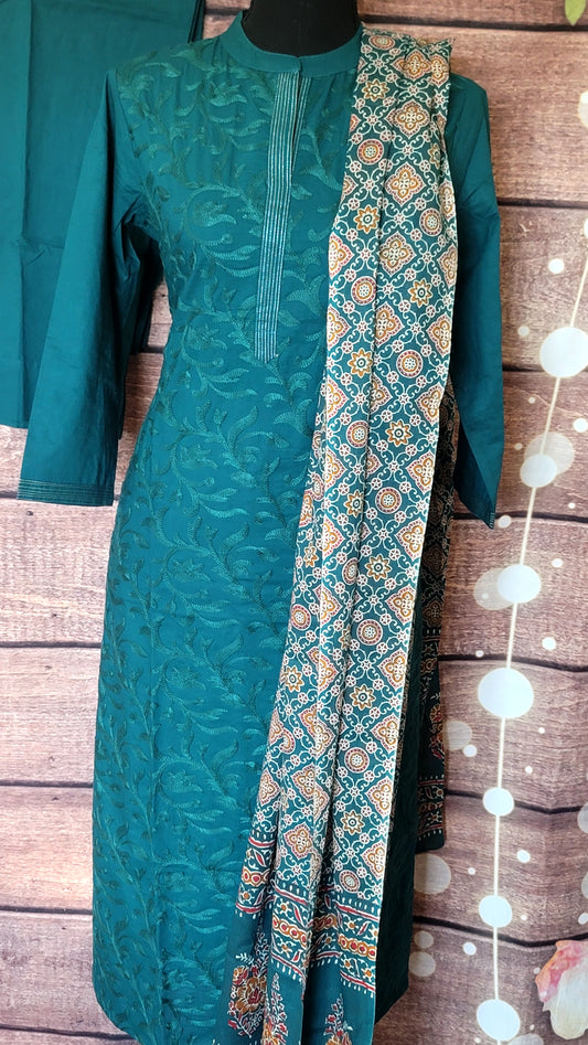 Cotton salwar set with ajrakh printed dupatta