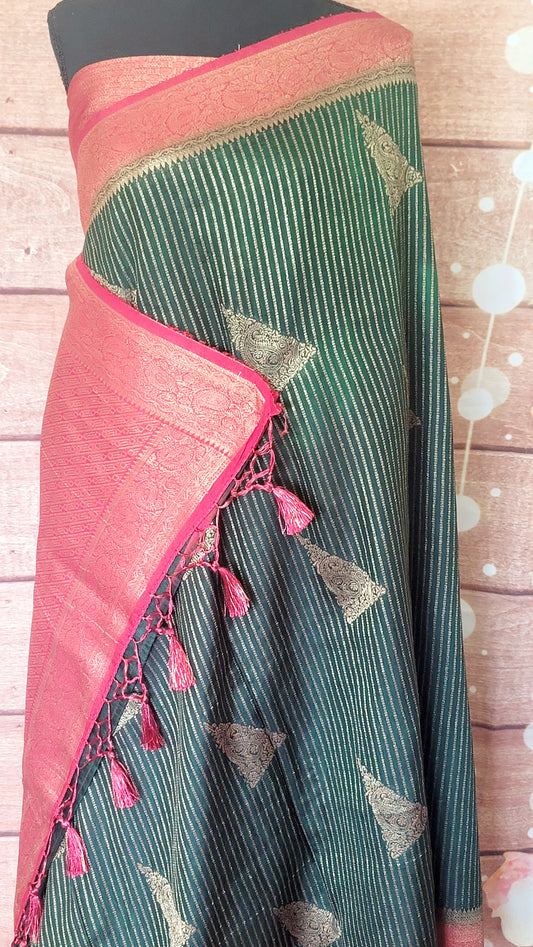 Semi banarasi silk saree with reddish pink border stitched blouse