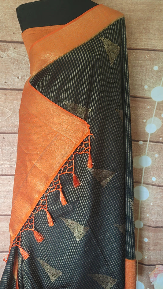 Semi banarasi silk saree with orange border- stitched blouse