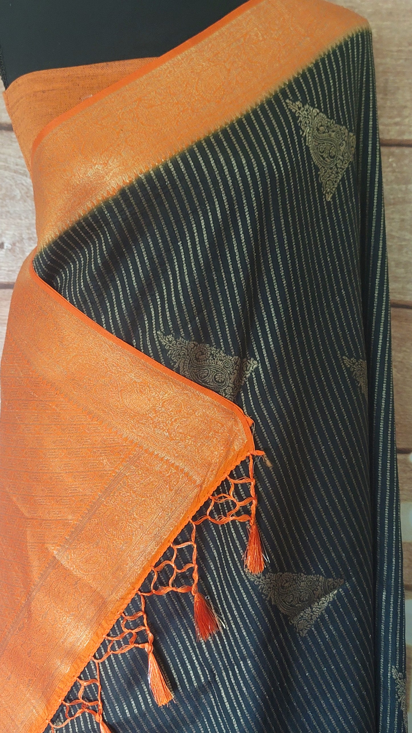 Semi banarasi silk saree with orange border- stitched blouse