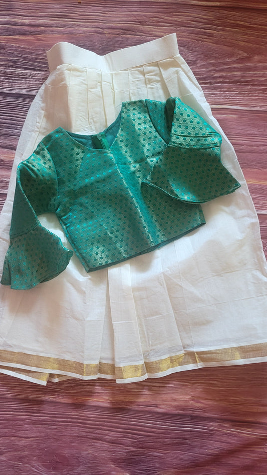 Creme cotton skirt with green top 6-7 yrs old