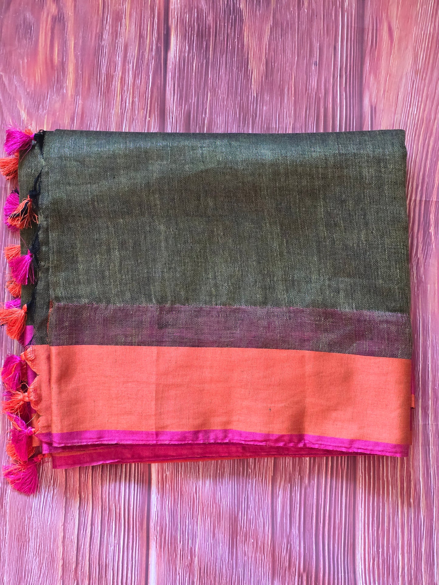 Dark brown/ orange cotton linen saree with stitched blouse