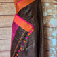 Dark brown/ orange cotton linen saree with stitched blouse